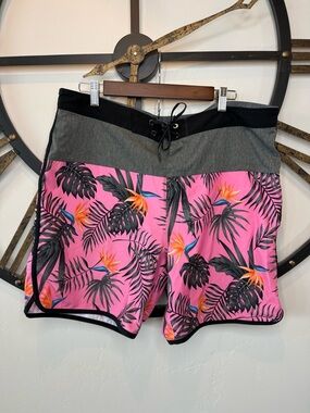 Hurley Pink Tropical Print Board Shorts with Black Trim